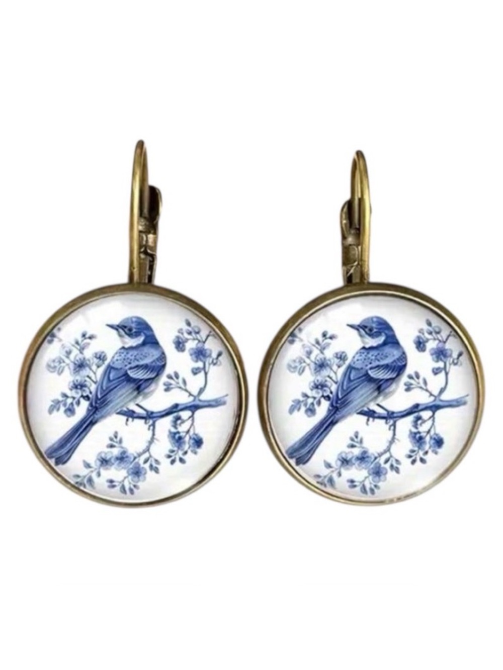 Boho Vintage Style Blue & White Bird Earrings Botanical Antique Gold Drop NWT